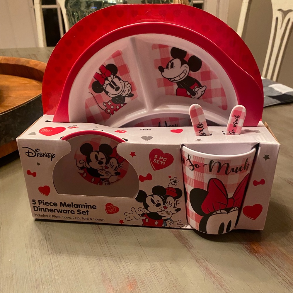 Disney Minnie & Mickey Mouse Melamine 5pc dinnerware set - LOVE & HEARTs - new